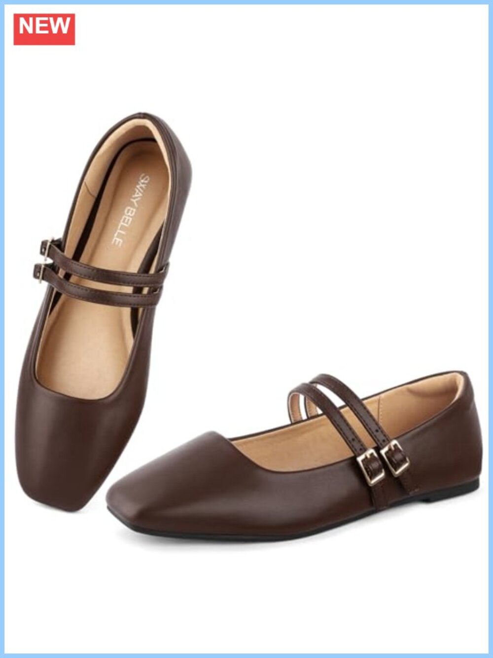 Women's Mary Jane Flats Square Toe Double Strap Faux Leather Casual Shoes